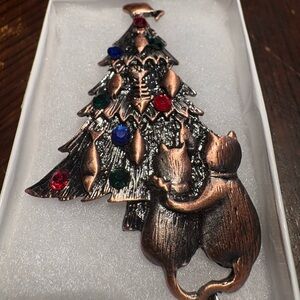 Bronze Cat and Christmas Tree Ornament brooch
